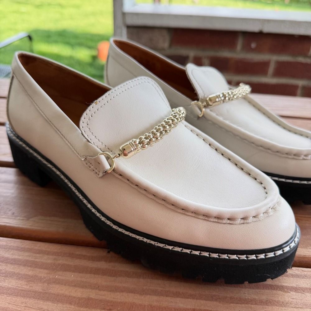 Sarto by Franco Sarto Cream Leather Lug Sole Chain Loafers Womens 9M